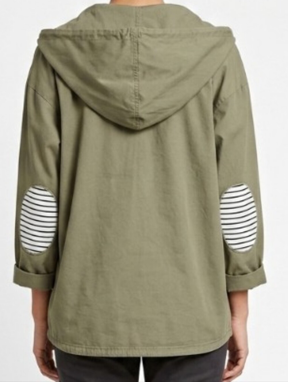 HACO Korean Olive Hooded Jacket with Striped Elbow Patches